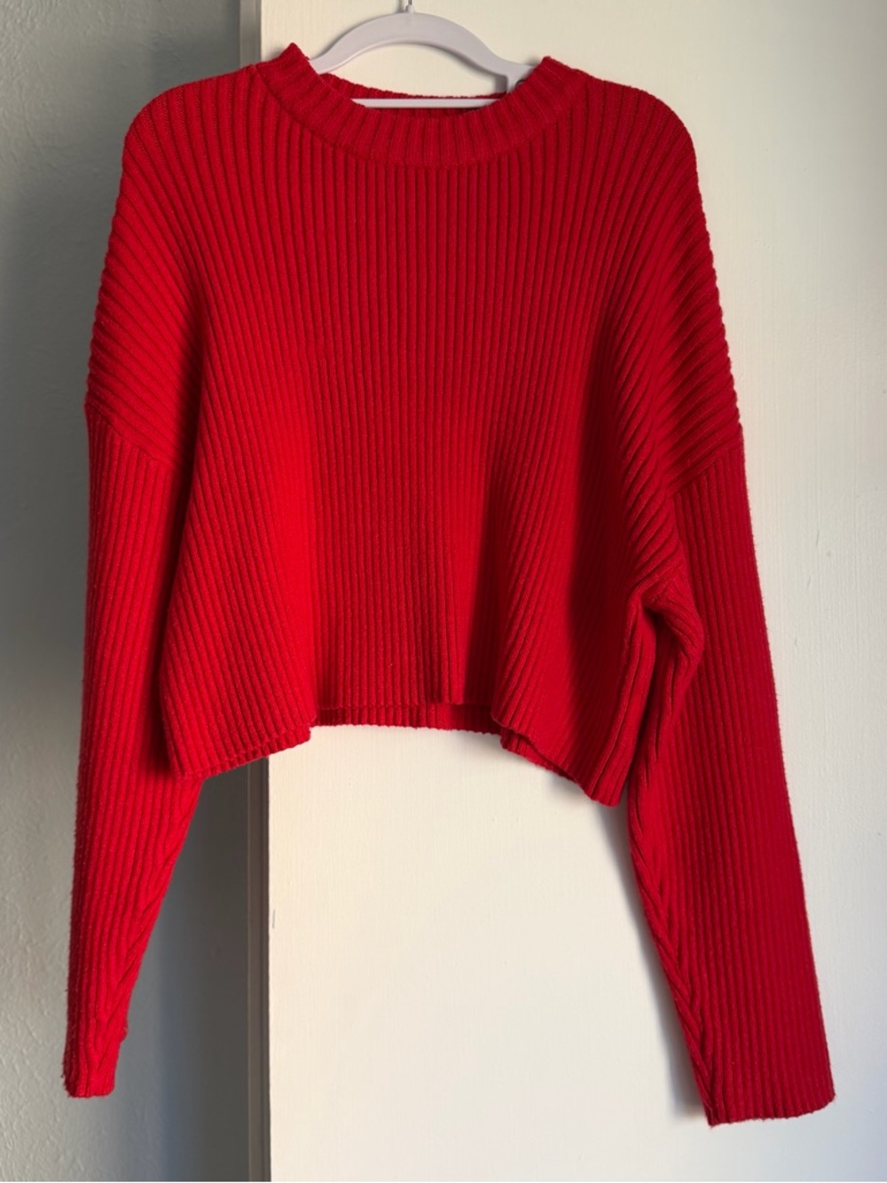 Red Ribbed Cropped Sweater - Women
